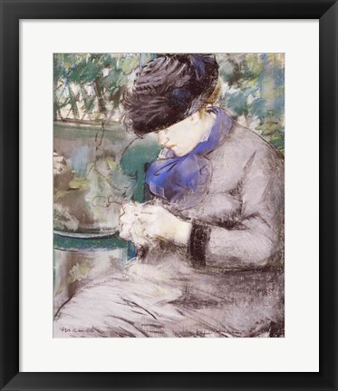 Framed Girl Sitting in the Garden Knitting, 1879 Print