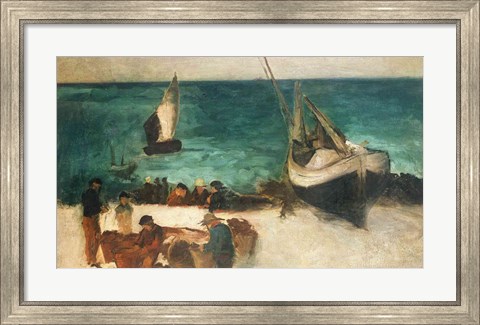 Framed Seascape at Berck, Fishing Boats and Fishermen, 1872-73 Print
