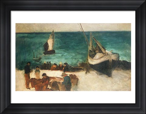 Framed Seascape at Berck, Fishing Boats and Fishermen, 1872-73 Print
