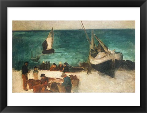 Framed Seascape at Berck, Fishing Boats and Fishermen, 1872-73 Print