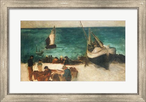 Framed Seascape at Berck, Fishing Boats and Fishermen, 1872-73 Print