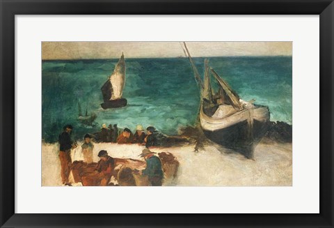 Framed Seascape at Berck, Fishing Boats and Fishermen, 1872-73 Print