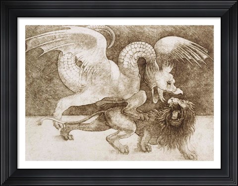 Framed Fight between a Dragon and a Lion Print