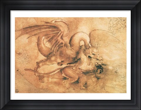 Framed Fight between a Dragon and a Lion Print