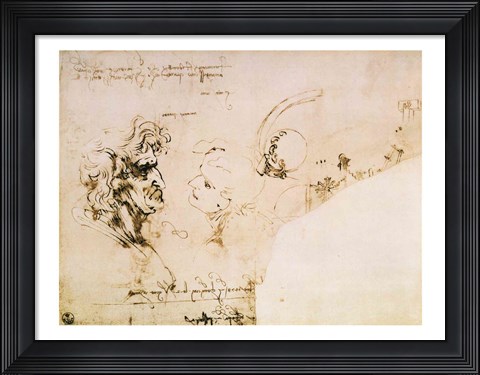 Framed Study of Two Heads in Profile and Studies of Machines Print