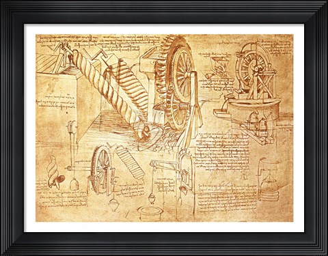 Framed Facsimile of Codex  Atlanticus Screws and Water Wheels Print