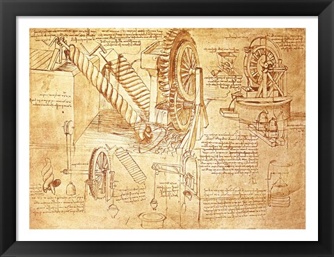 Framed Facsimile of Codex  Atlanticus Screws and Water Wheels Print