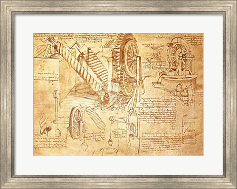 Framed Facsimile of Codex  Atlanticus Screws and Water Wheels Print