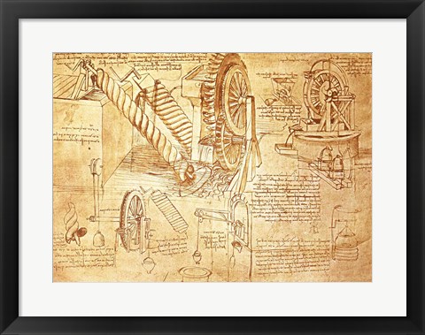 Framed Facsimile of Codex  Atlanticus Screws and Water Wheels Print