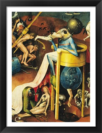 Framed Garden of Earthly Delights: Hell, right wing of triptych, detail of blue bird-man on a stool, c.1500 Print