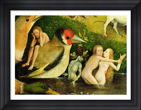 Framed Garden of Earthly Delights: Allegory of Luxury, central panel of triptych, detail of couple in the water and a bird, c.1500 Print