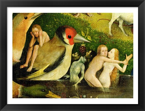 Framed Garden of Earthly Delights: Allegory of Luxury, central panel of triptych, detail of couple in the water and a bird, c.1500 Print