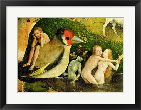 Framed Garden of Earthly Delights: Allegory of Luxury, central panel of triptych, detail of couple in the water and a bird, c.1500 Print