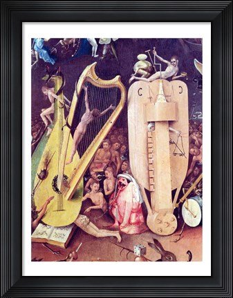Framed Garden of Earthly Delights: Hell, detail of musical instuments from the right wing of the triptych, c.1500 Print