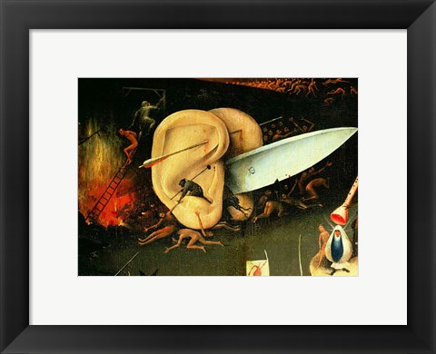 Framed Garden of Earthly Delights: Hell, right wing of triptych, detail of ears with a knife, c.1500 Print