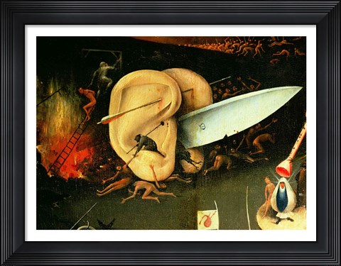 Framed Garden of Earthly Delights: Hell, right wing of triptych, detail of ears with a knife, c.1500 Print