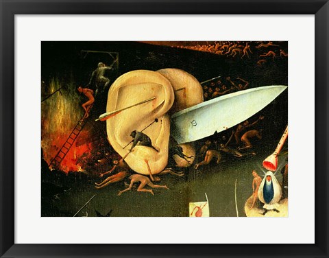 Framed Garden of Earthly Delights: Hell, right wing of triptych, detail of ears with a knife, c.1500 Print