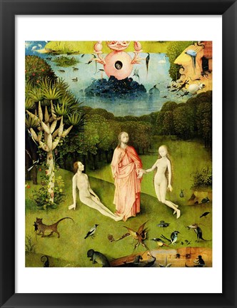 Framed Garden of Earthly Delights: The Garden of Eden, left wing of triptych, c.1500 Print