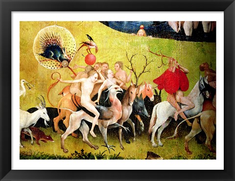 Framed Garden of Earthly Delights: Allegory of Luxury, detail of figures riding fantastical horses Print