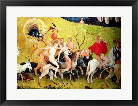 Framed Garden of Earthly Delights: Allegory of Luxury, detail of figures riding fantastical horses Print