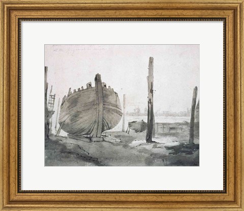 Framed River Scene with Vessel at Sunset Print