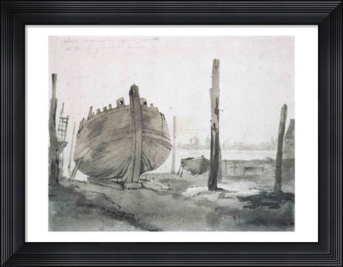 Framed River Scene with Vessel at Sunset Print