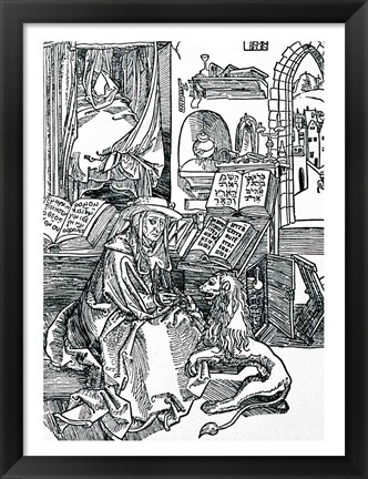 Framed St. Jerome in his study pulling a thorn from a lion&#39;s paw Print