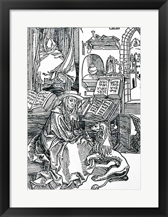 Framed St. Jerome in his study pulling a thorn from a lion&#39;s paw Print