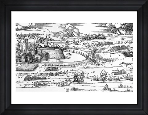 Framed Demonstration of defensive measures to protect a city against a besieging army Print