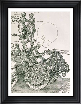 Framed Design for &#39;The Great Triumphal Chariot of Emperor Maximilian I&#39;: detail showing the Virtues steering the team of horses Print