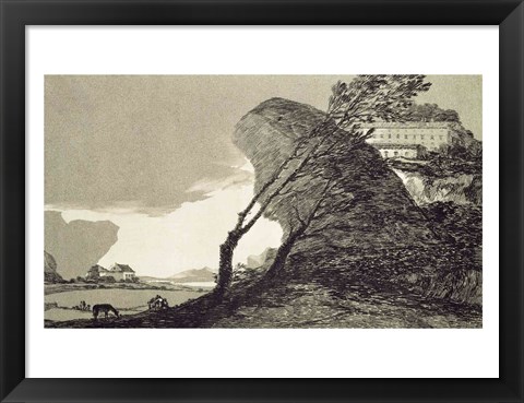 Framed Landscape with Large Rocks, Buildings and Trees Print