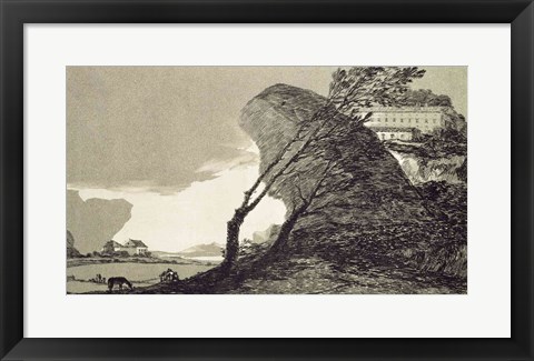 Framed Landscape with Large Rocks, Buildings and Trees Print