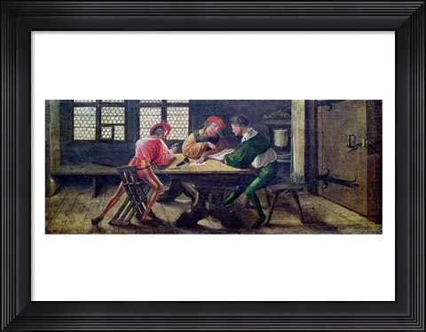 Framed School Teacher Explaining the Meaning of a Letter to Illiterate Workers, 1516 Print
