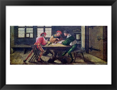 Framed School Teacher Explaining the Meaning of a Letter to Illiterate Workers, 1516 Print