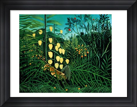 Framed Tropical Forest: Battling Tiger and Buffalo, 1908 Print