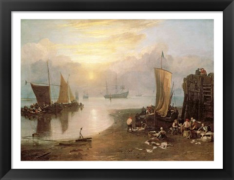 Framed Sun Rising Through Vapour: Fishermen Cleaning and Selling Fish, c.1807 Print