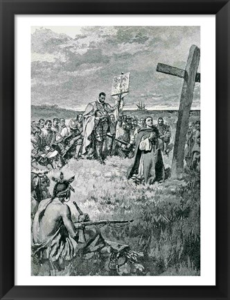 Framed Jacques Cartier Setting up a Cross at Gaspe Print