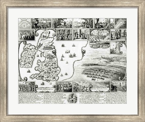 Framed Map of Civil War England and a view of Prague, 1632 Print