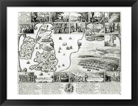 Framed Map of Civil War England and a view of Prague, 1632 Print