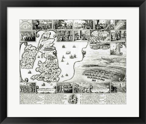 Framed Map of Civil War England and a view of Prague, 1632 Print