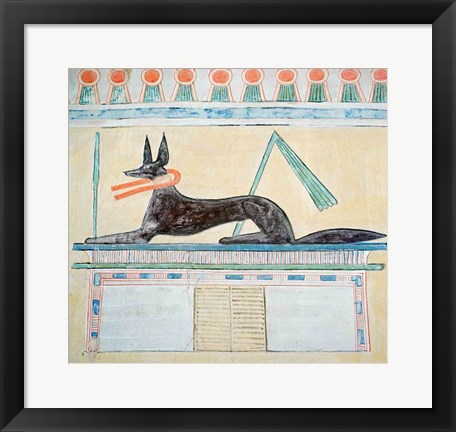 Framed Anubis, Egyptian god of the dead, lying on top of a sarcophagus Print