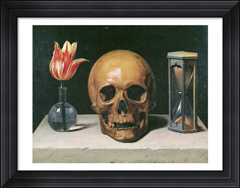 Framed Vanitas Still Life with a Tulip, Skull and Hour-Glass Print