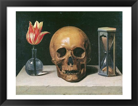 Framed Vanitas Still Life with a Tulip, Skull and Hour-Glass Print