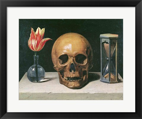 Framed Vanitas Still Life with a Tulip, Skull and Hour-Glass Print