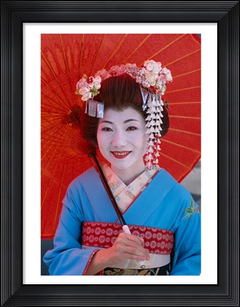 Framed Geisha in Blue with Orange Umbrella Print