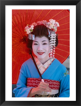 Framed Geisha in Blue with Orange Umbrella Print