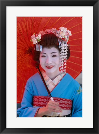 Framed Geisha in Blue with Orange Umbrella Print