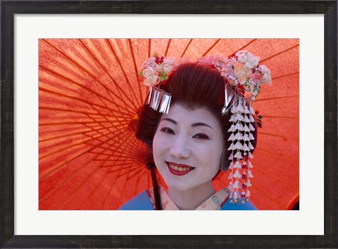 Framed Geisha Orange Umbrella Print
