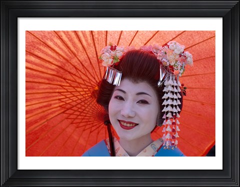Framed Geisha Orange Umbrella Print