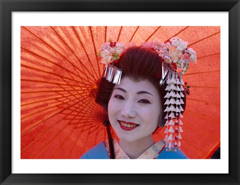 Framed Geisha Orange Umbrella Print